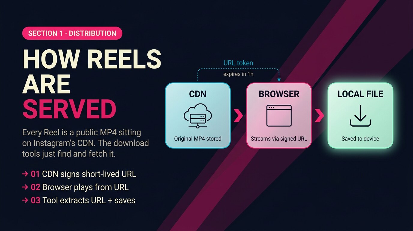 Editorial diagram of Instagram's Reels distribution path: a Reel sits on the CDN as a signed MP4 URL, the browser streams from that URL, and a download tool extracts the URL to save the file locally