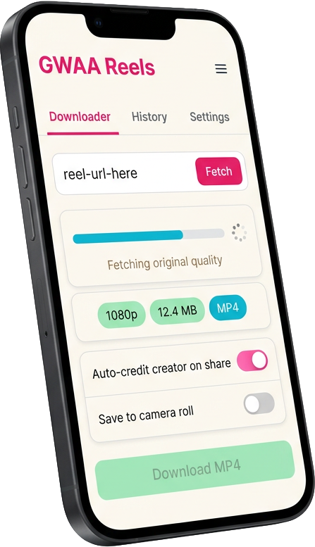 Deep-graphite phone showing the GWAA Reels Downloader UI fetching a Reel: URL input field, magenta Fetch button, cyan progress bar showing the original-quality fetch in progress, three info chips for 1080p resolution, 12.4 MB file size, and MP4 format