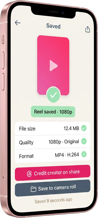 Rose-pink phone showing a Saved success state in the GWAA Reels Downloader: a mint check-tick with Reel saved 1080p banner, three rows of metric breakdown showing 12.4 MB file size, 1080p Original quality, MP4 H.264 format, and two action buttons for Credit creator on share and Save to camera roll