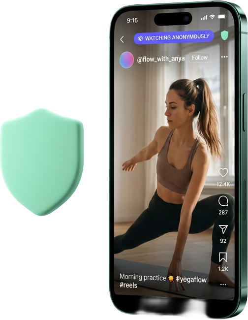 Anonymous Instagram Reels player showing a Reel in playback with privacy shield