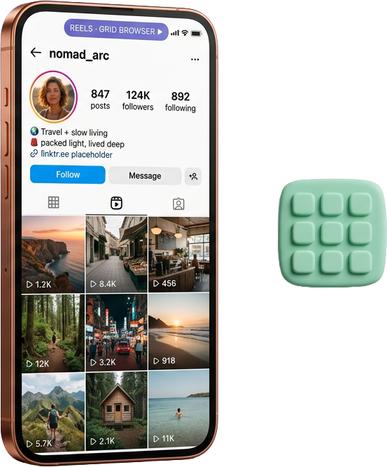 Browse any public creator's full Reels grid